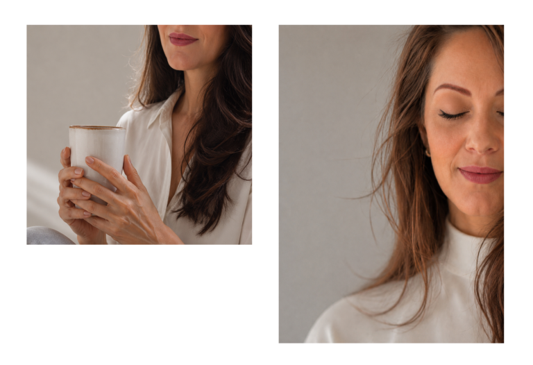 Charline holding a warm cup of tea.. Close-up portrait of Charline with a calm expression