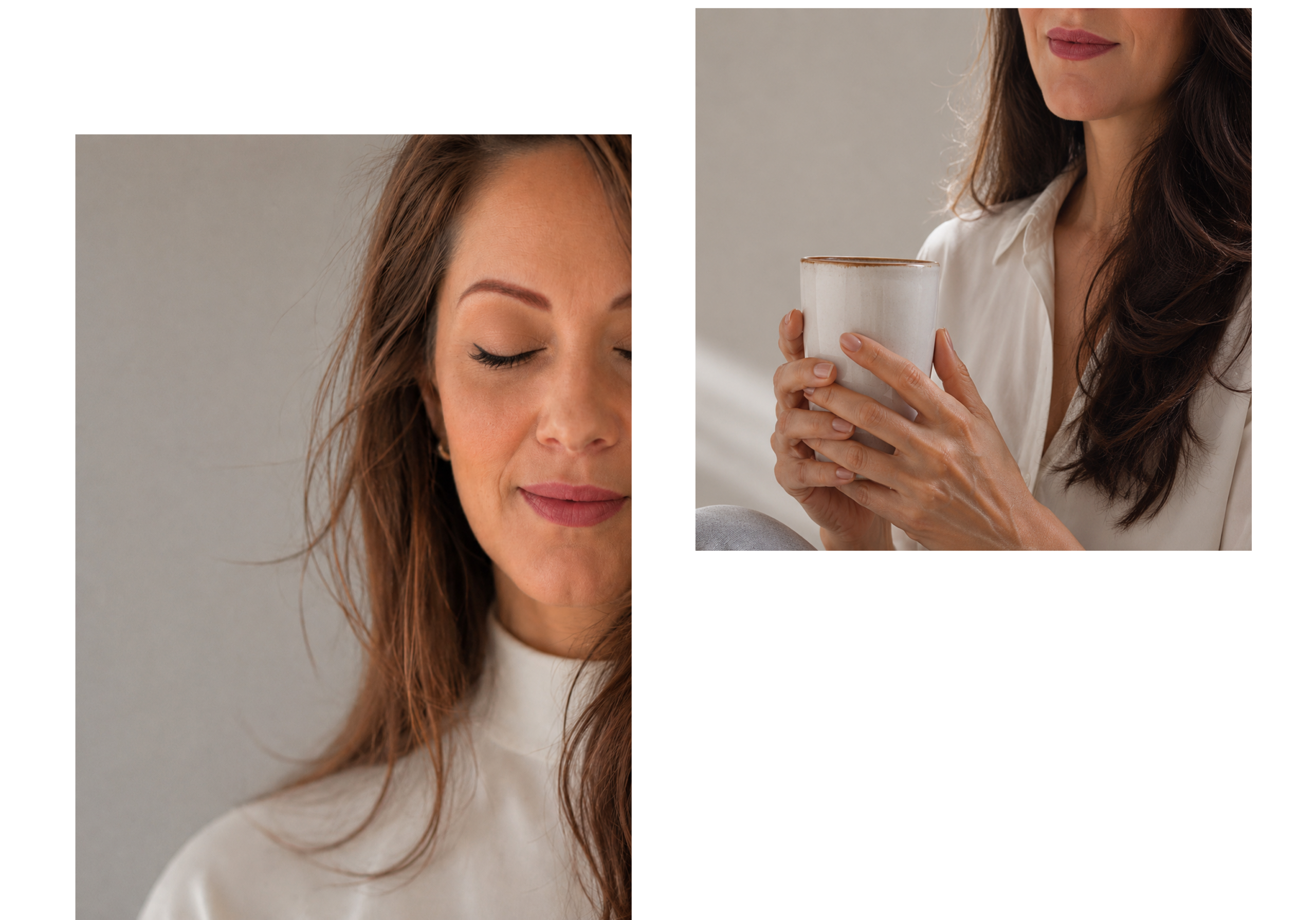Close-up portrait of Charline with a calm expression. Charline holding a warm cup of tea.