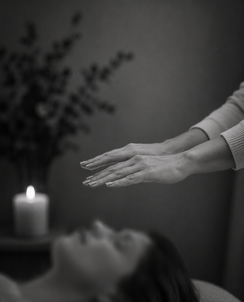 Hands placed gently above a client during a Reiki healing treatment